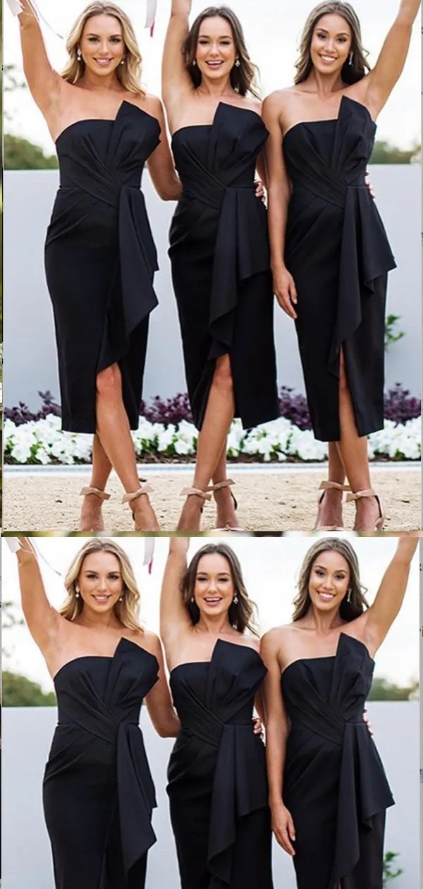 Sheath Strapless Black Satin Chiffon Bridesmaid Dresses,Cheap Bridesmaid Dresses,WGY0374