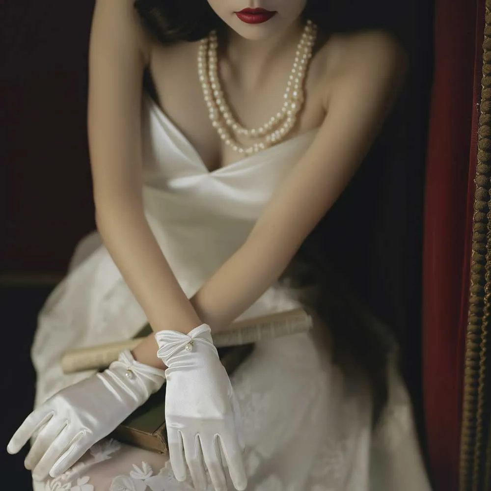 Short Retro White Satin Gloves with Pearl Accent for Weddings and Formals AC1012
