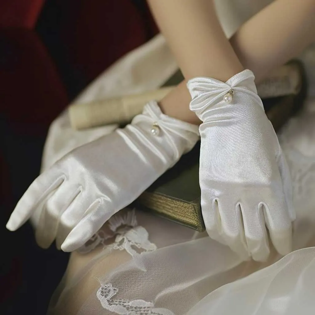 Short Retro White Satin Gloves with Pearl Accent for Weddings and Formals AC1012