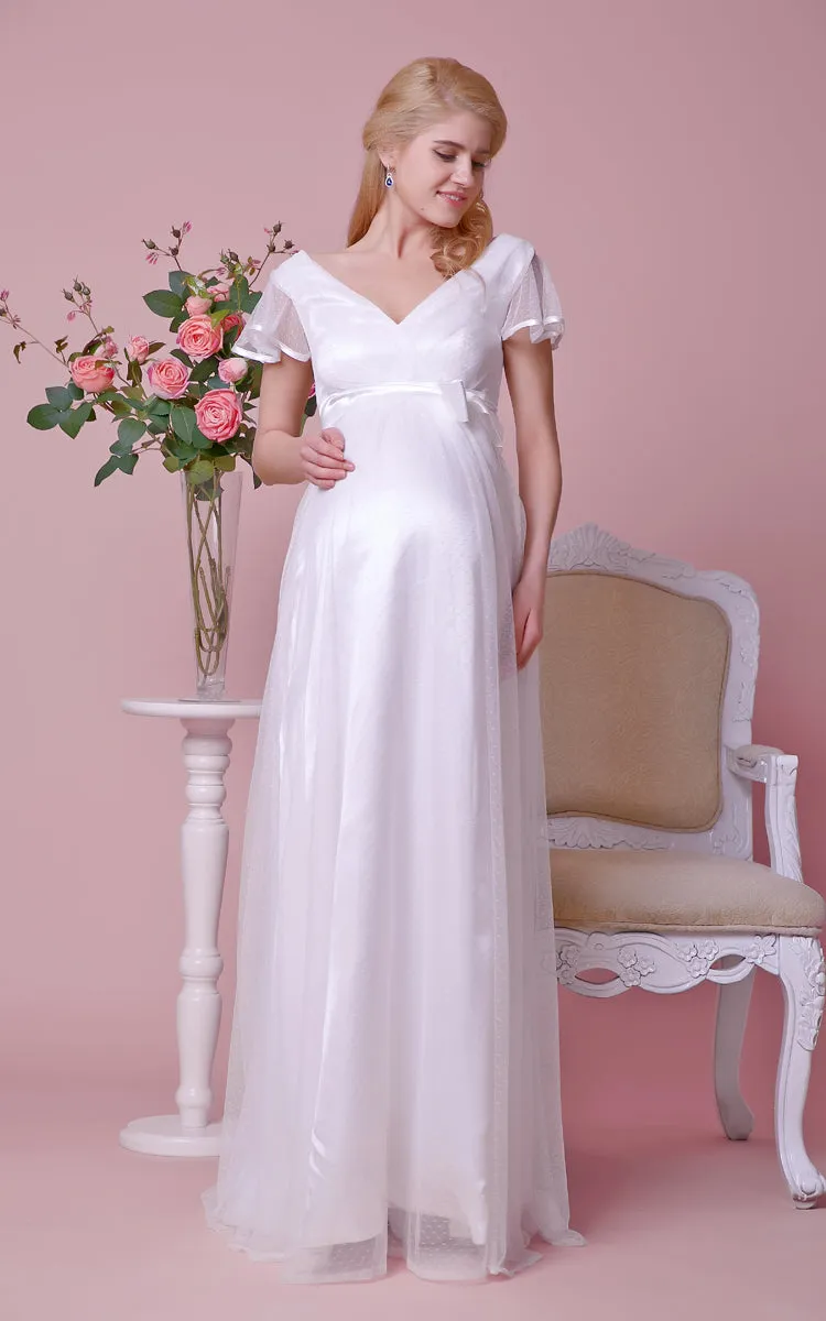 Short-Sleeved Satin Bow V-Neckline High-Waist Gown-ZP_706095