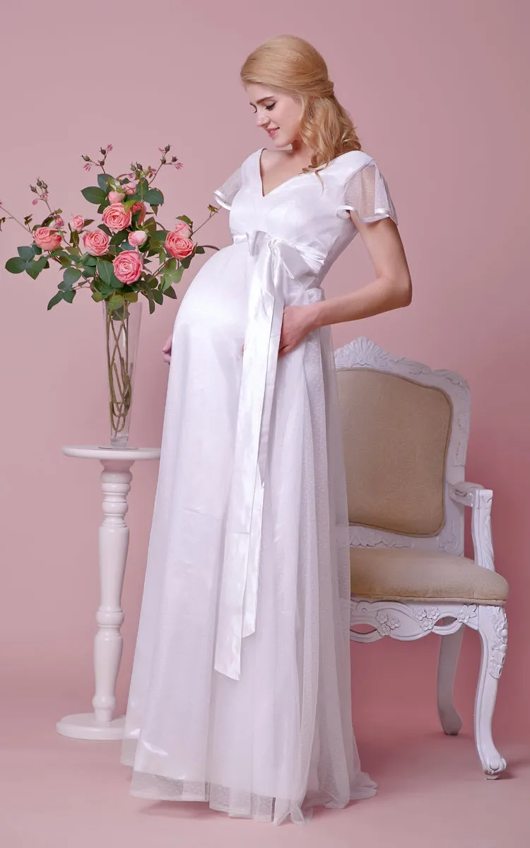 Short-Sleeved Satin Bow V-Neckline High-Waist Gown-ZP_706095