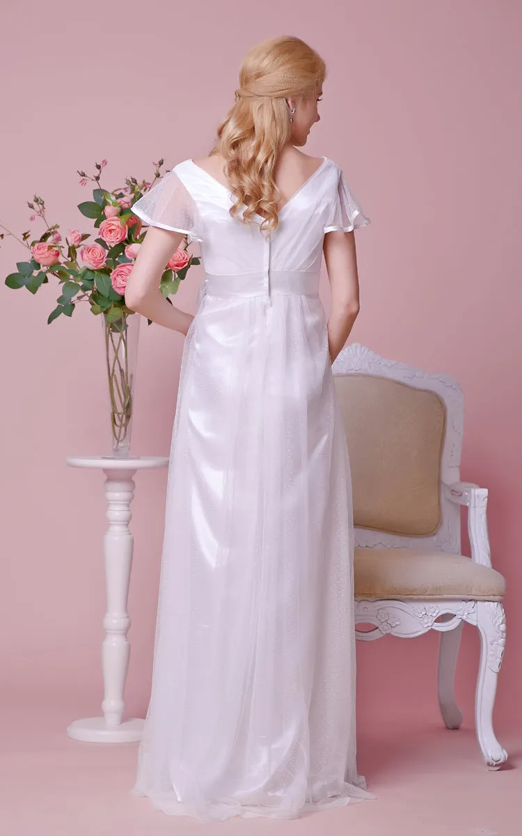 Short-Sleeved Satin Bow V-Neckline High-Waist Gown-ZP_706095