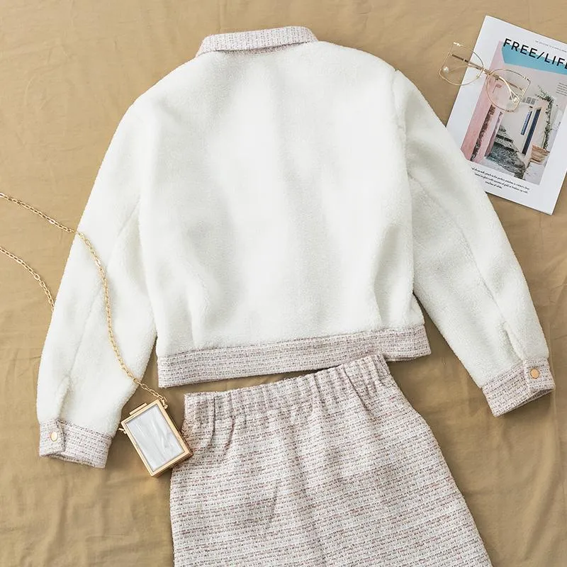Simplee Two-piece faux fur women tweed sets Autumn winter female skirt