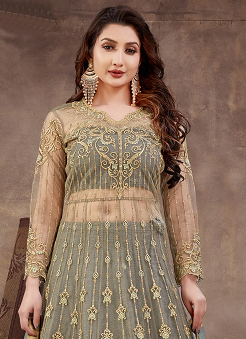 Slate Grey Embroidery Wedding Anarkali Lehenga