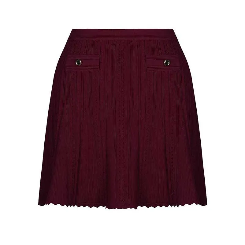 Sleeveless Knit Crop Top Skirt Suit With Cardigan Jacket 3 Pieces Set in Wine Red