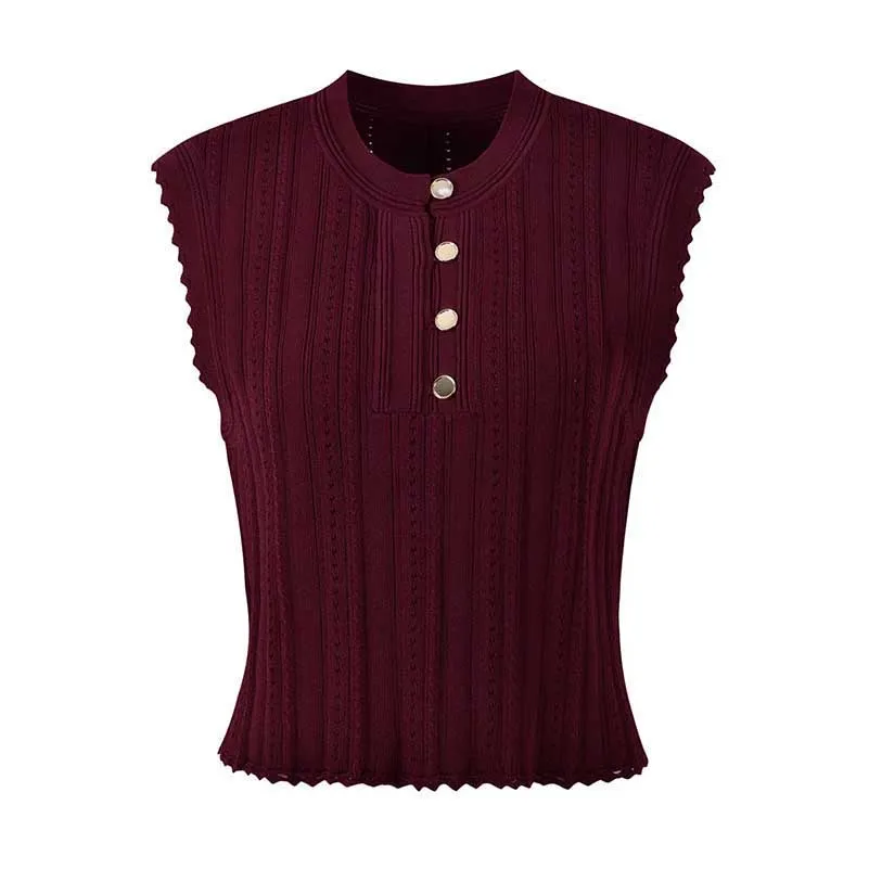 Sleeveless Knit Crop Top Skirt Suit With Cardigan Jacket 3 Pieces Set in Wine Red