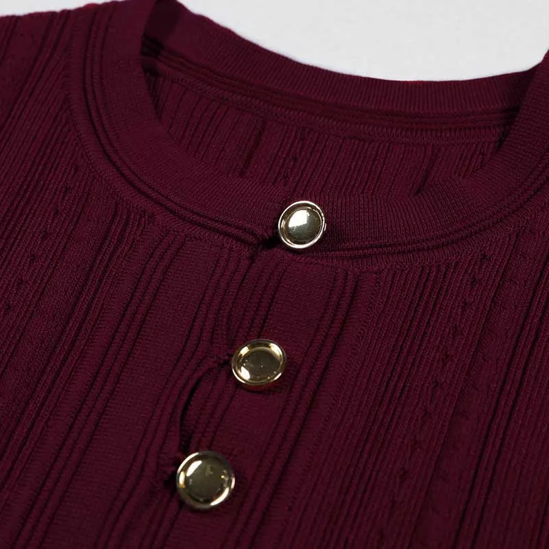 Sleeveless Knit Crop Top Skirt Suit With Cardigan Jacket 3 Pieces Set in Wine Red