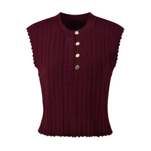 Sleeveless Knit Crop Top Skirt Suit With Cardigan Jacket 3 Pieces Set in Wine Red
