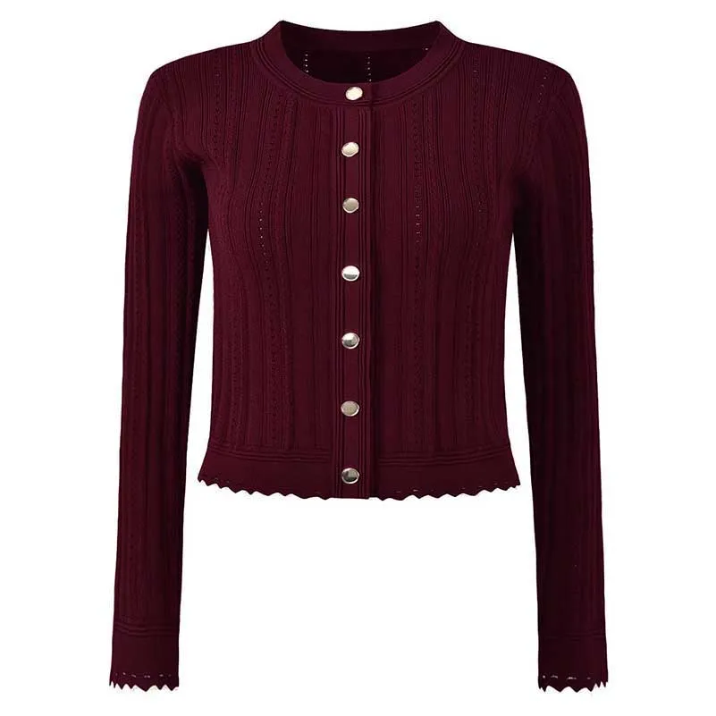 Sleeveless Knit Crop Top Skirt Suit With Cardigan Jacket 3 Pieces Set in Wine Red