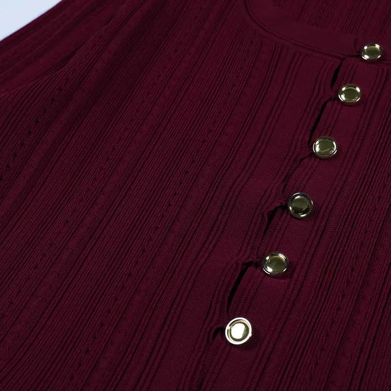 Sleeveless Knit Crop Top Skirt Suit With Cardigan Jacket 3 Pieces Set in Wine Red
