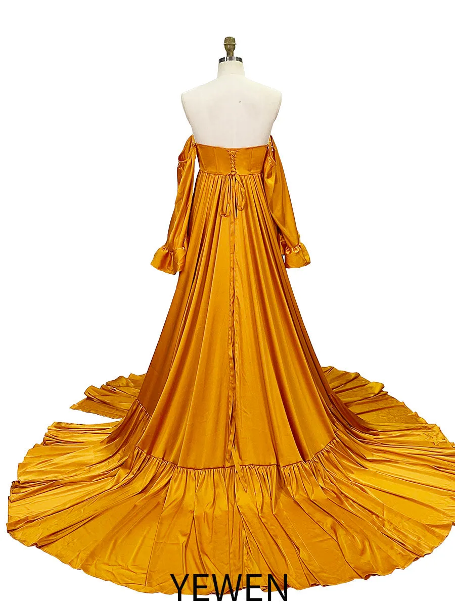 Soft Satin Maternity Dresses for Photo Shoots Side Slit Photography Dresses Maternity Gown for Baby Shower YEWEN  YW220701