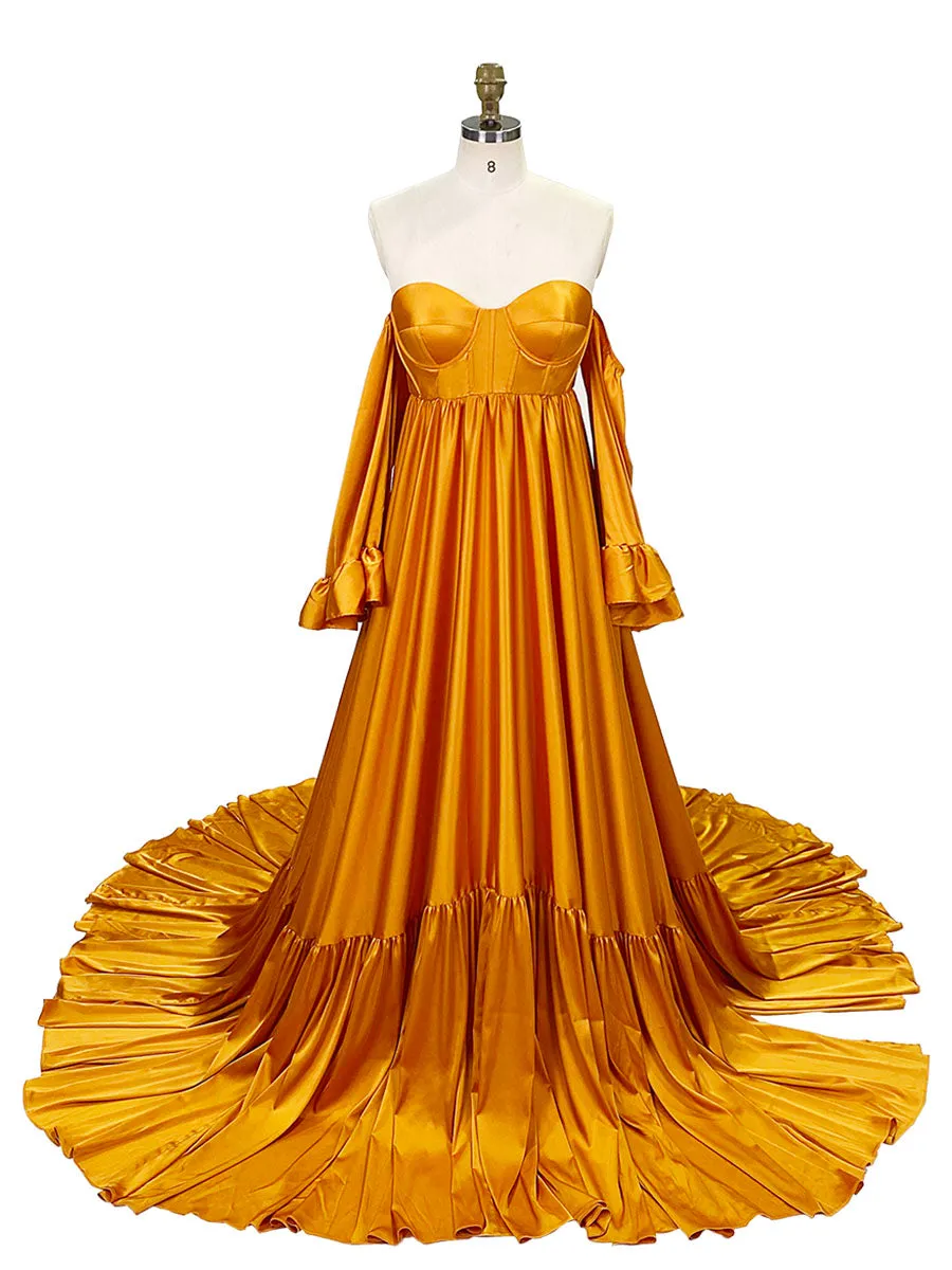 Soft Satin Maternity Dresses for Photo Shoots Side Slit Photography Dresses Maternity Gown for Baby Shower YEWEN  YW220701