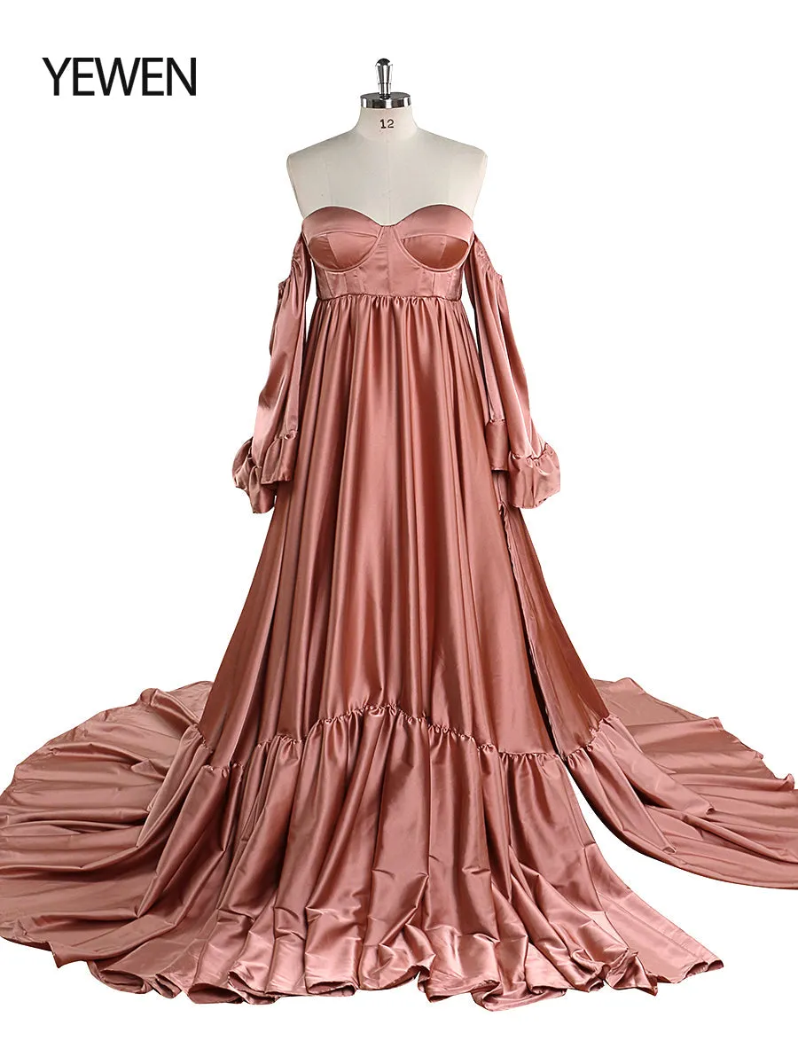 Soft Satin Maternity Dresses for Photo Shoots Side Slit Photography Dresses Maternity Gown for Baby Shower YEWEN  YW220701