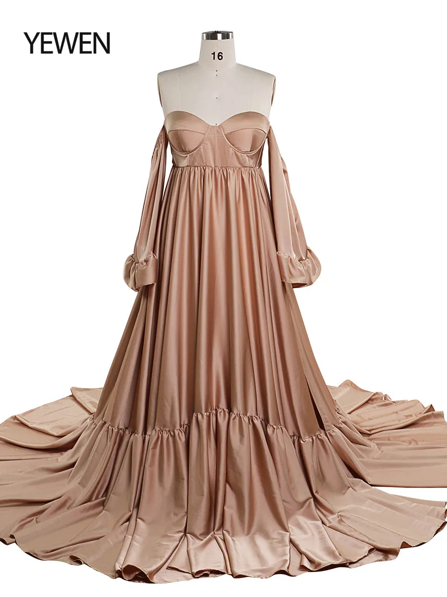 Soft Satin Maternity Dresses for Photo Shoots Side Slit Photography Dresses Maternity Gown for Baby Shower YEWEN  YW220701