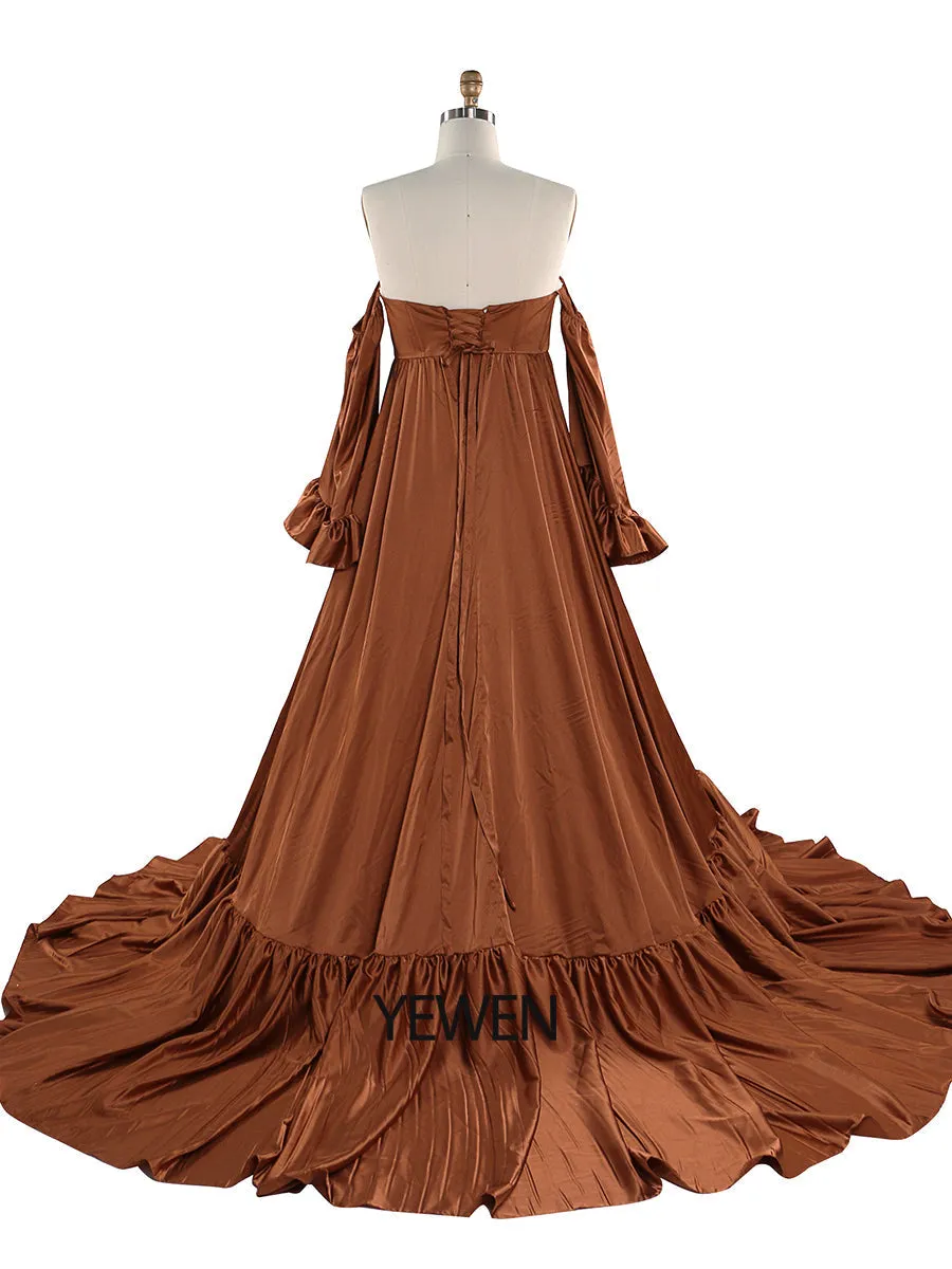 Soft Satin Maternity Dresses for Photo Shoots Side Slit Photography Dresses Maternity Gown for Baby Shower YEWEN  YW220701