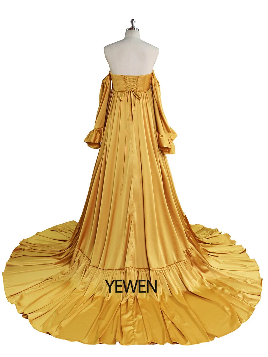 Soft Satin Maternity Dresses for Photo Shoots Side Slit Photography Dresses Maternity Gown for Baby Shower YEWEN  YW220701