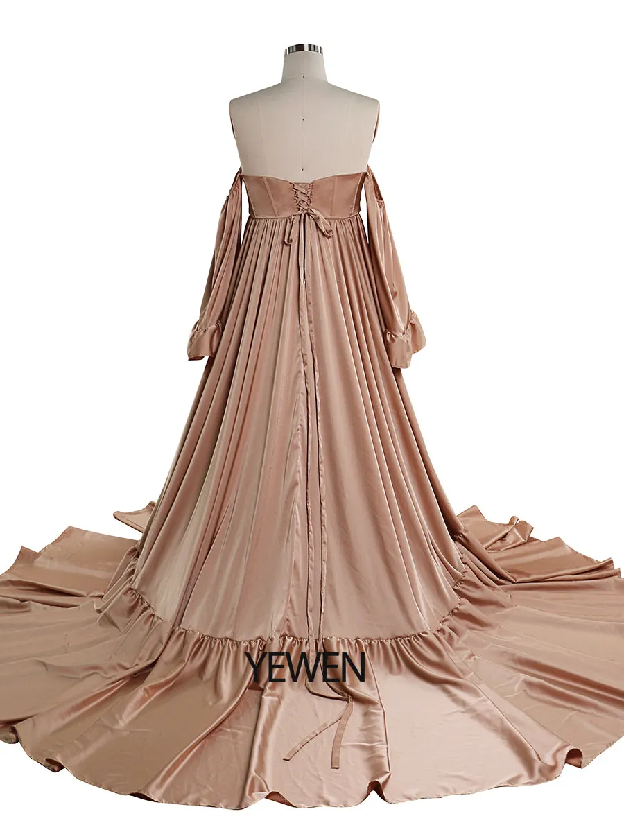 Soft Satin Maternity Dresses for Photo Shoots Side Slit Photography Dresses Maternity Gown for Baby Shower YEWEN  YW220701