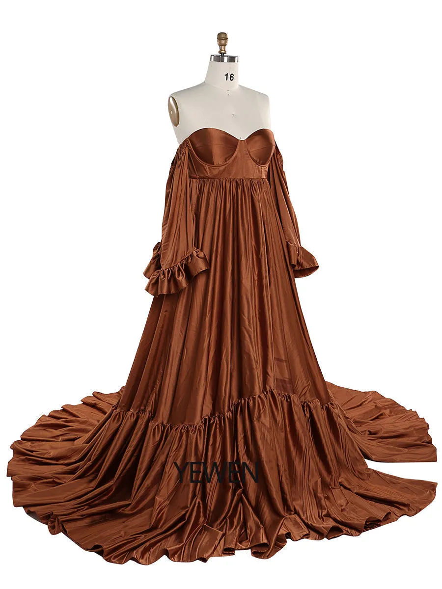 Soft Satin Maternity Dresses for Photo Shoots Side Slit Photography Dresses Maternity Gown for Baby Shower YEWEN  YW220701