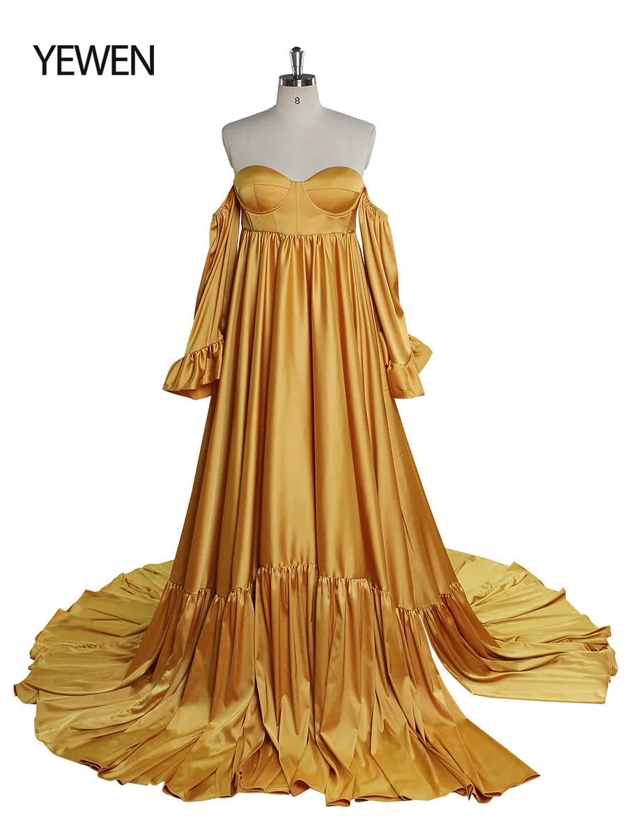 Soft Satin Maternity Dresses for Photo Shoots Side Slit Photography Dresses Maternity Gown for Baby Shower YEWEN  YW220701