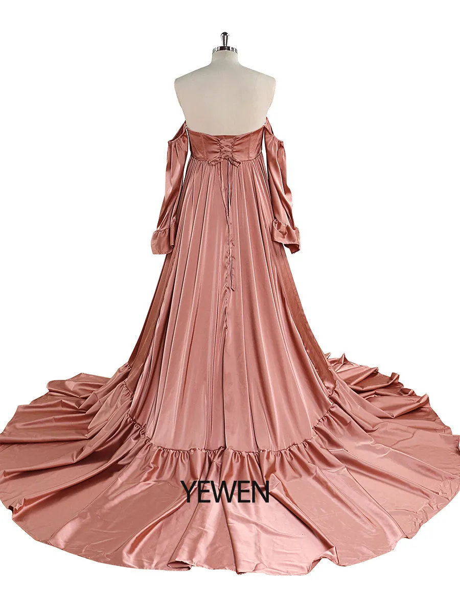 Soft Satin Maternity Dresses for Photo Shoots Side Slit Photography Dresses Maternity Gown for Baby Shower YEWEN  YW220701