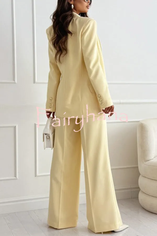 Solid Color Lapel Long Sleeve Casual Blazer and Pocket Wide Leg Pants Set