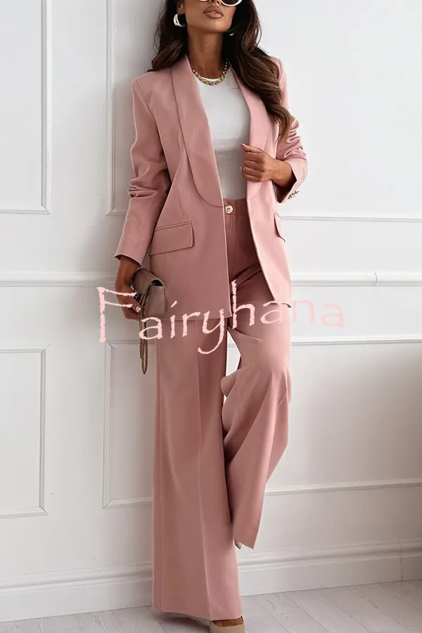 Solid Color Lapel Long Sleeve Casual Blazer and Pocket Wide Leg Pants Set