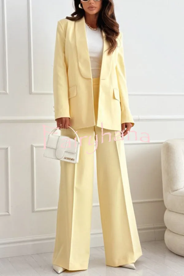 Solid Color Lapel Long Sleeve Casual Blazer and Pocket Wide Leg Pants Set