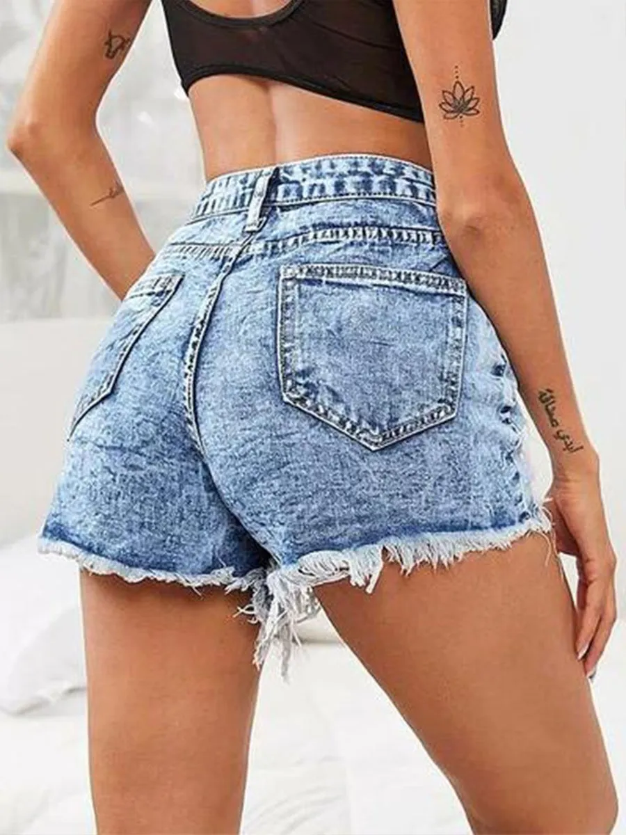 Solid High Waist Ripped Denim Shorts