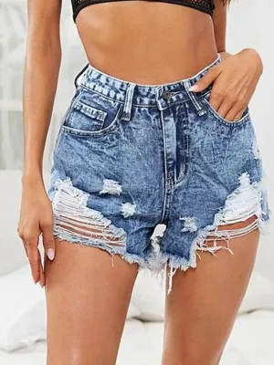 Solid High Waist Ripped Denim Shorts