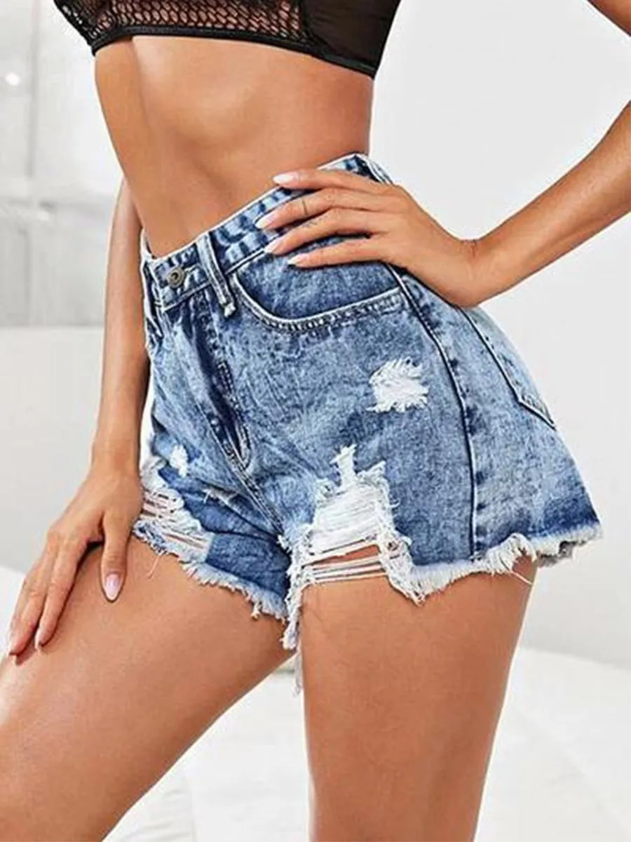 Solid High Waist Ripped Denim Shorts