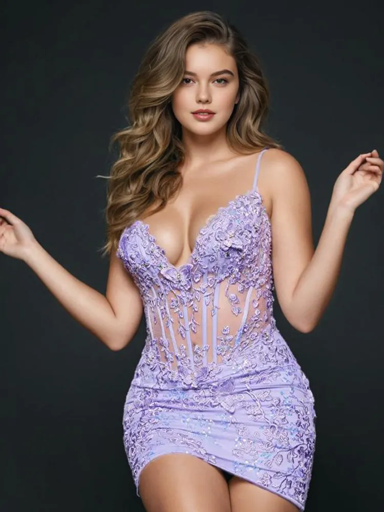 Spaghetti Straps Illusion Appliques Sheath Homecoming Dresses