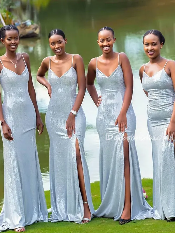 Sparkle Sequin Spaghetti Straps V-neck Sexy Side Slit Backless Bridesmaid Dress, FC6187