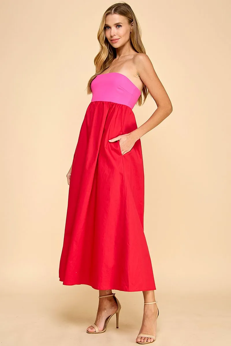 Strapless Empire Line Color Block Midi Dress