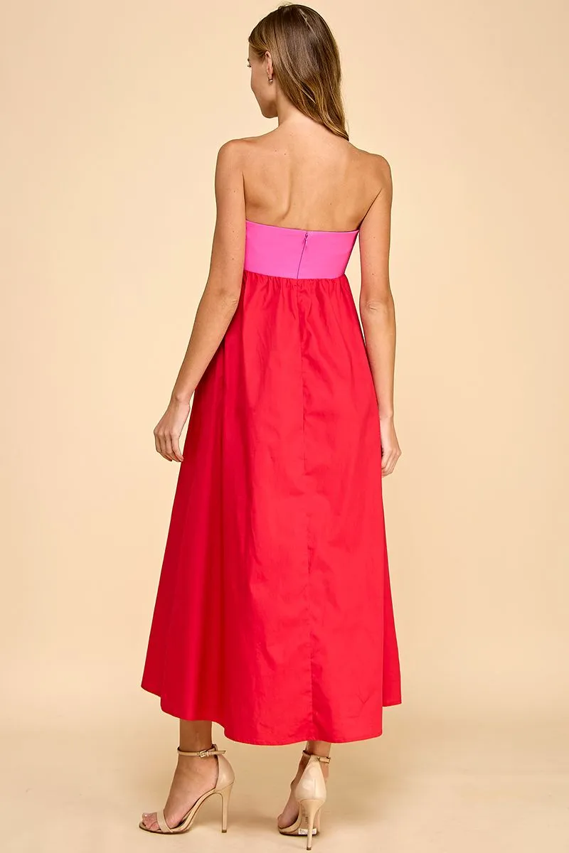 Strapless Empire Line Color Block Midi Dress