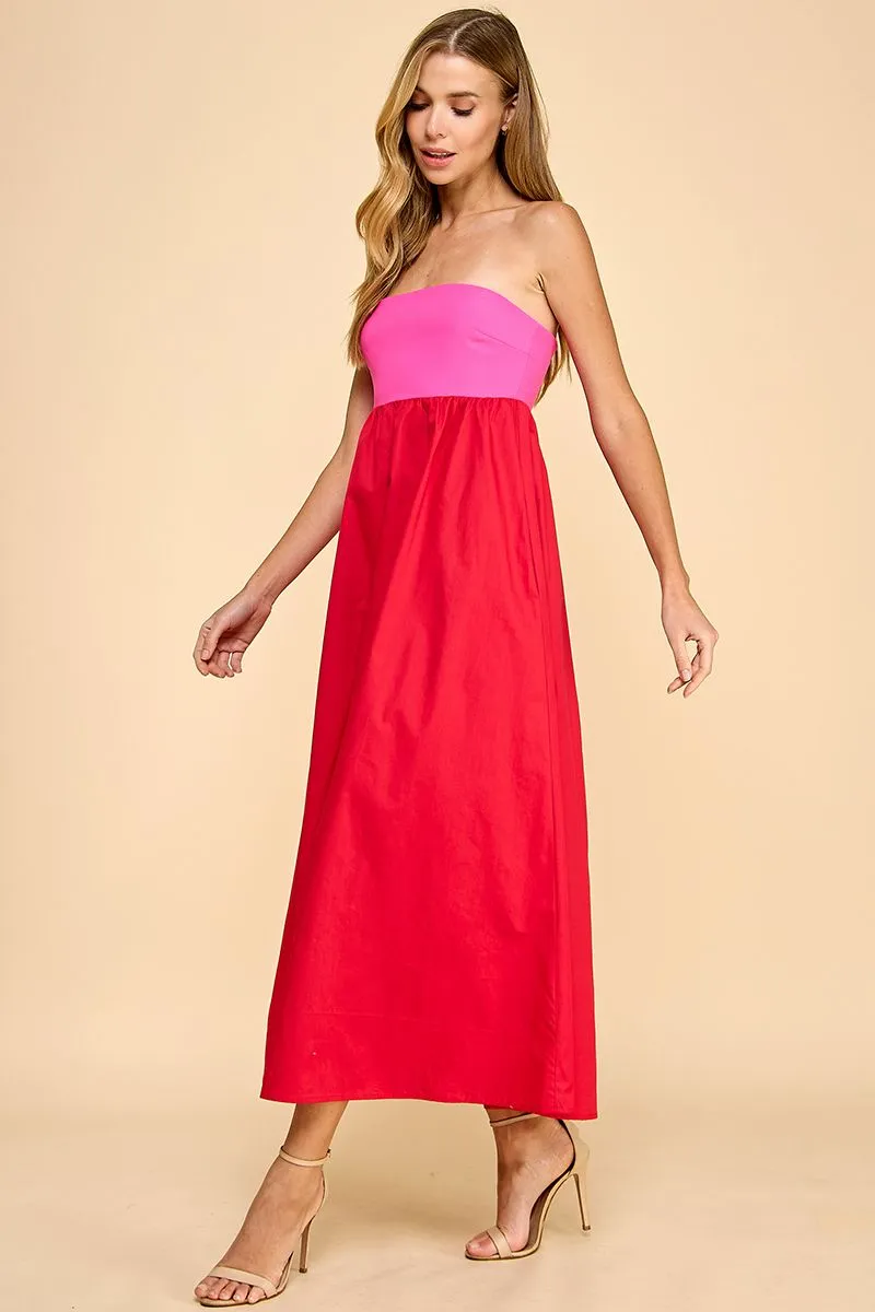 Strapless Empire Line Color Block Midi Dress
