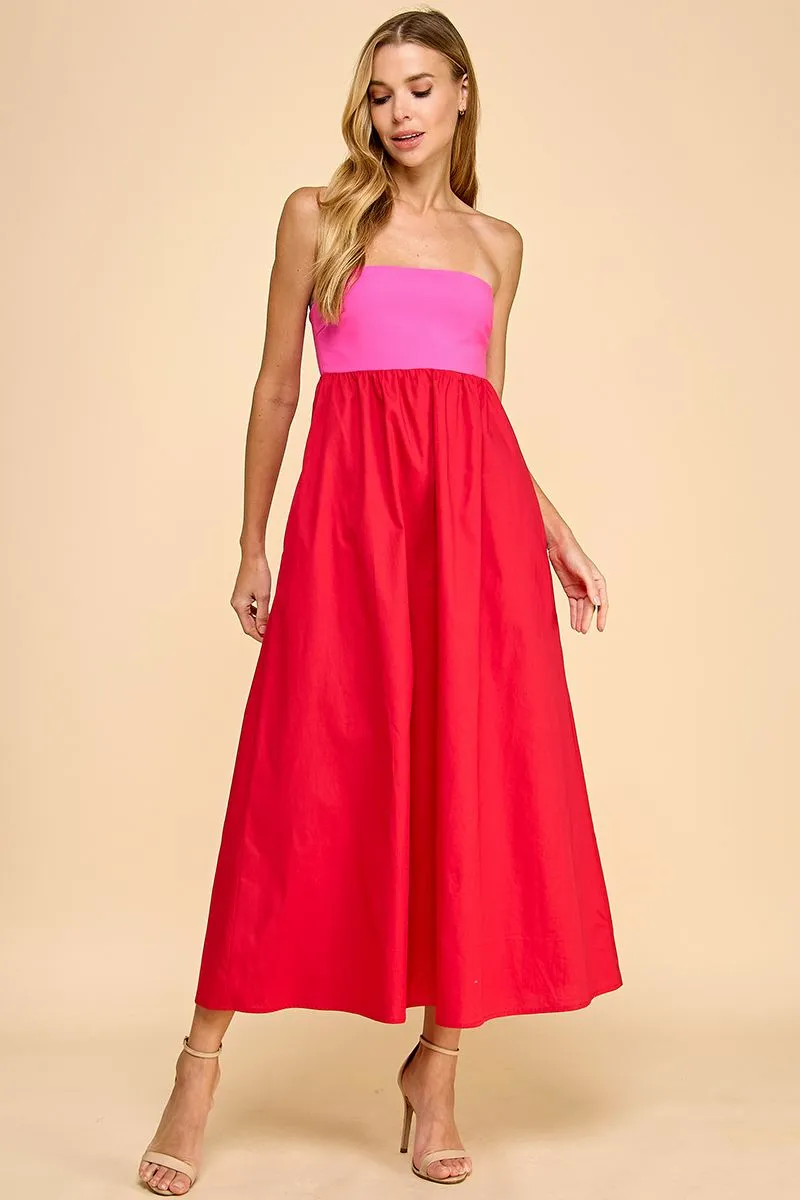 Strapless Empire Line Color Block Midi Dress
