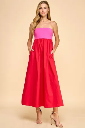 Strapless Empire Line Color Block Midi Dress