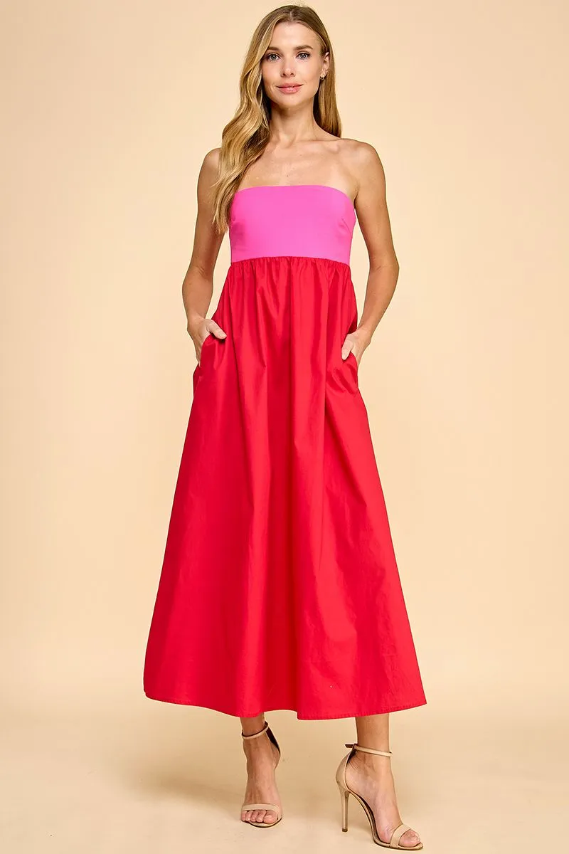 Strapless Empire Line Color Block Midi Dress
