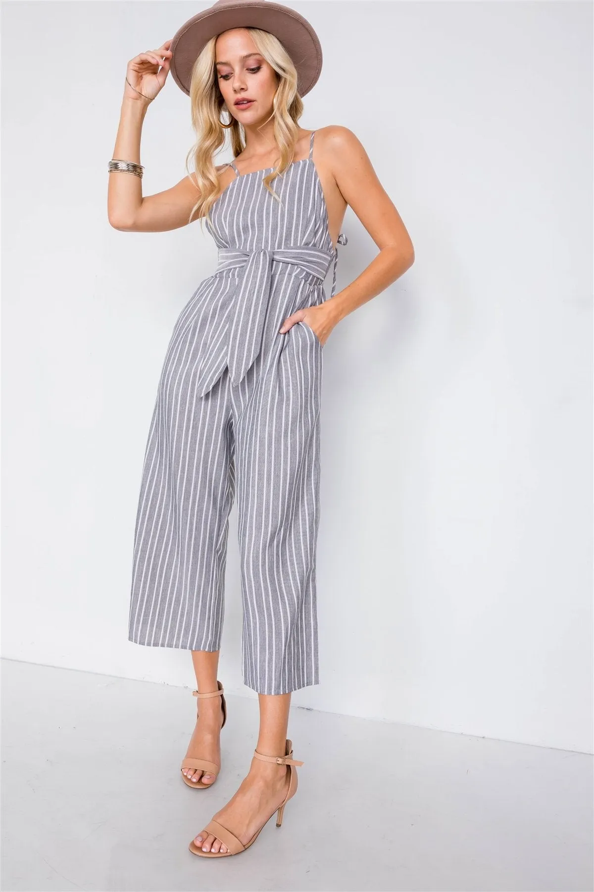 Stripe Front Tie Waist Band Open Back Jumpsuit