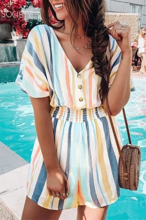 Striped Buttons V Neck Loose Jumpsuits