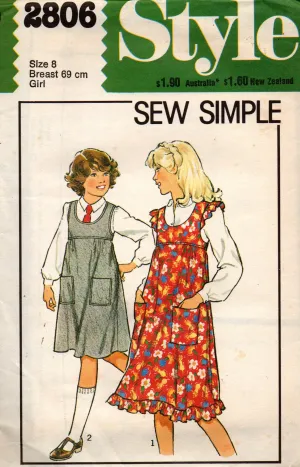 Style 2806 Girls Pinafore Dress 1970s Vintage Sewing Pattern Size 8