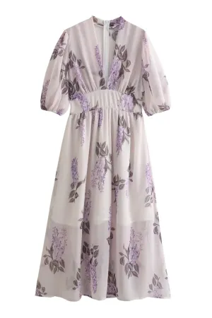 SUSIE Floral V-neck Midi Dress (Lavender)