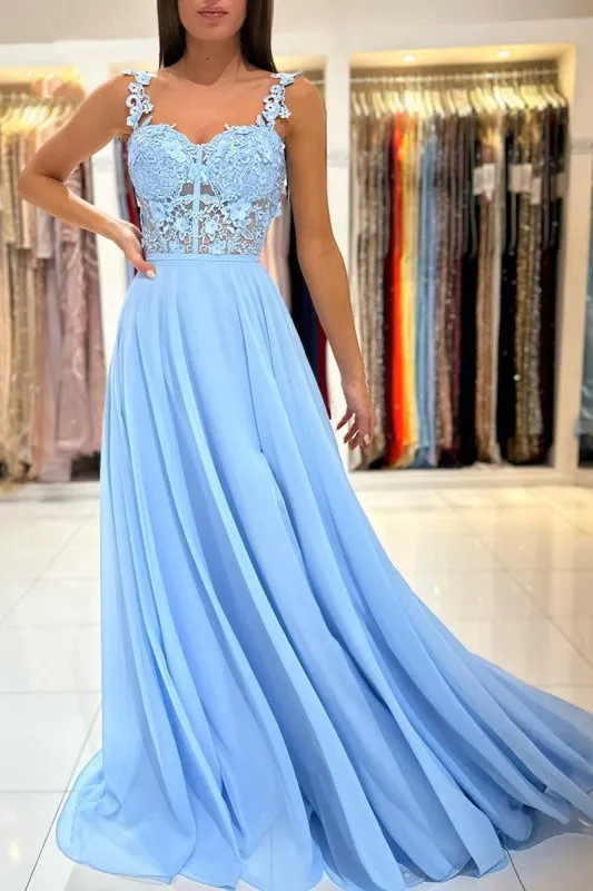Sweetheart A-Line Lace Long Prom Dress with Slit in Baby Blue