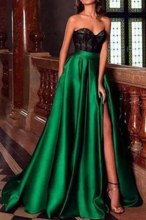 Sweetheart Sleeveless Satin Floor length Evening Gown Side Slit