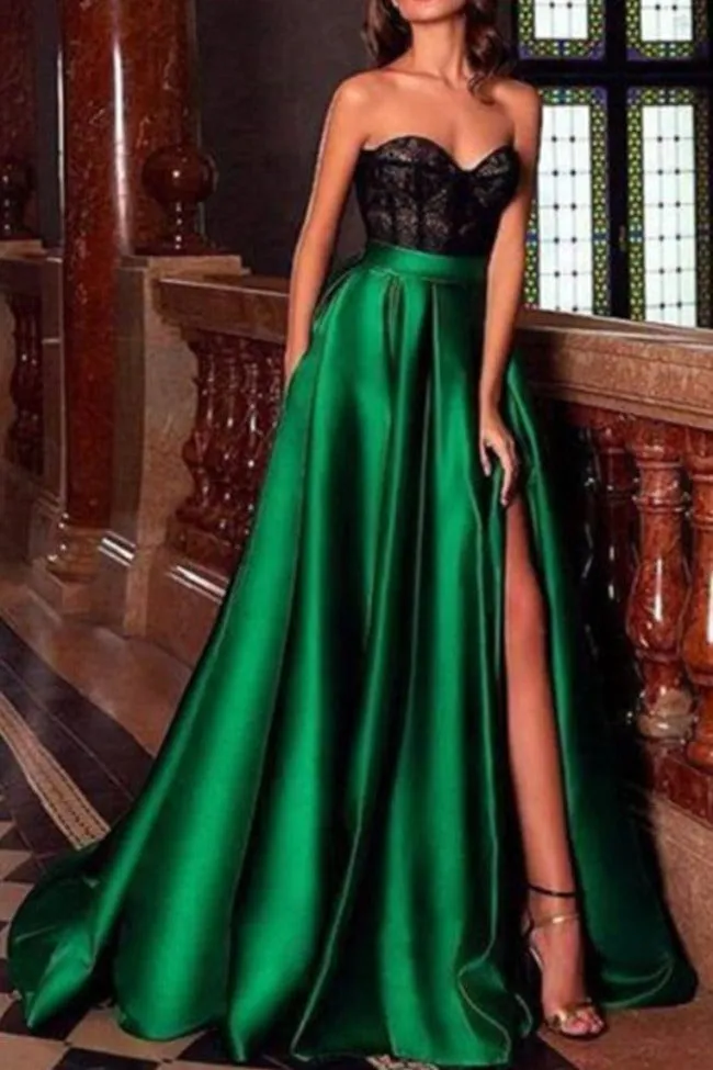 Sweetheart Sleeveless Satin Floor length Evening Gown Side Slit