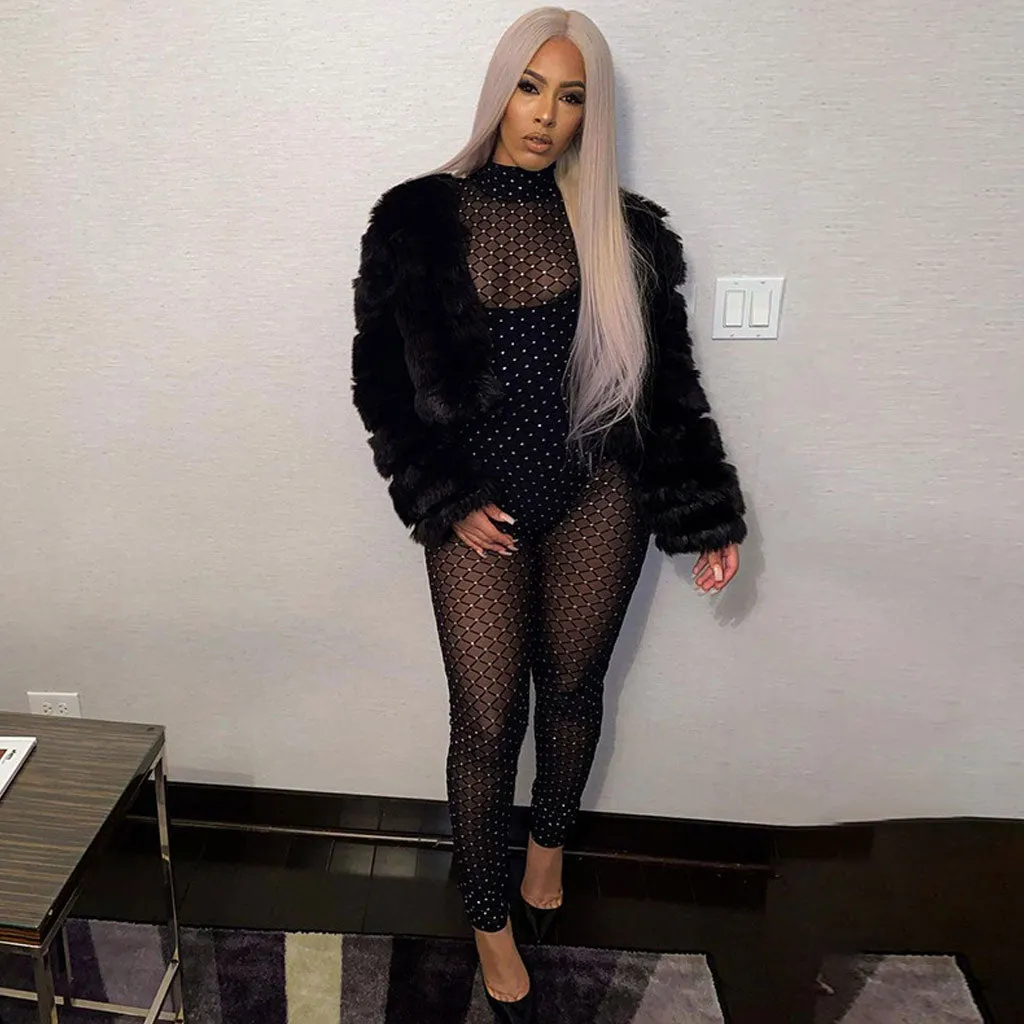 Trimmed High Neck Long Sleeve Mesh Sheer Jumpsuit - Black