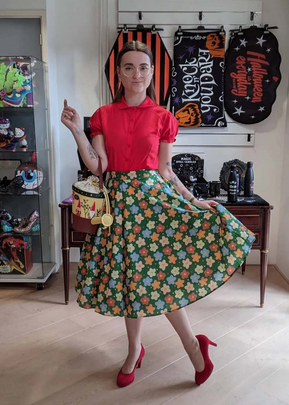 Tulip B Painted Flowers 50's Swing Skirt Green
