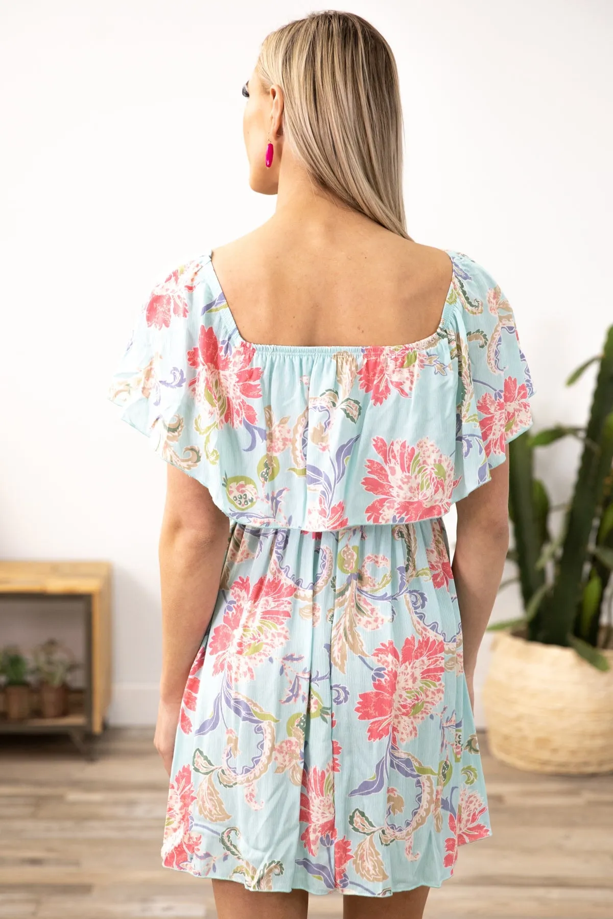 Turquoise and Pink Floral Ruffle Top Dress