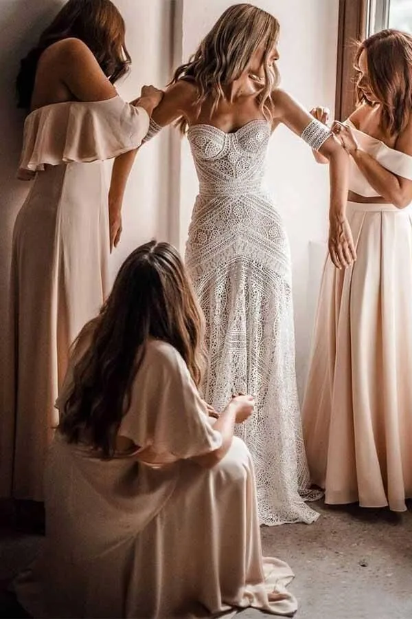 Unique Lace Sheath Wedding Gown with Strapless Neckline
