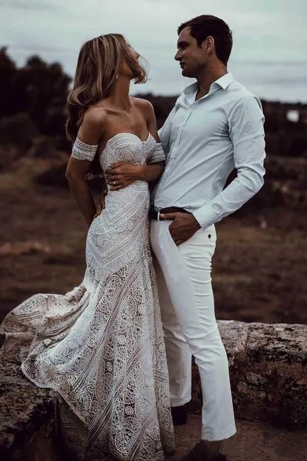 Unique Lace Sheath Wedding Gown with Strapless Neckline
